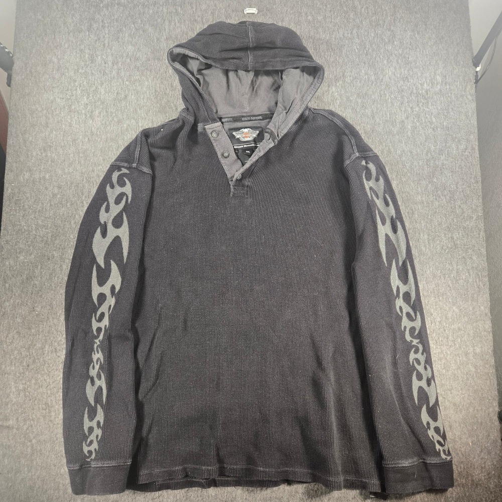 Harley-Davidson Flame Hoodie Mens 3XL Black Waffle Knit Graphic Henley Pullover
